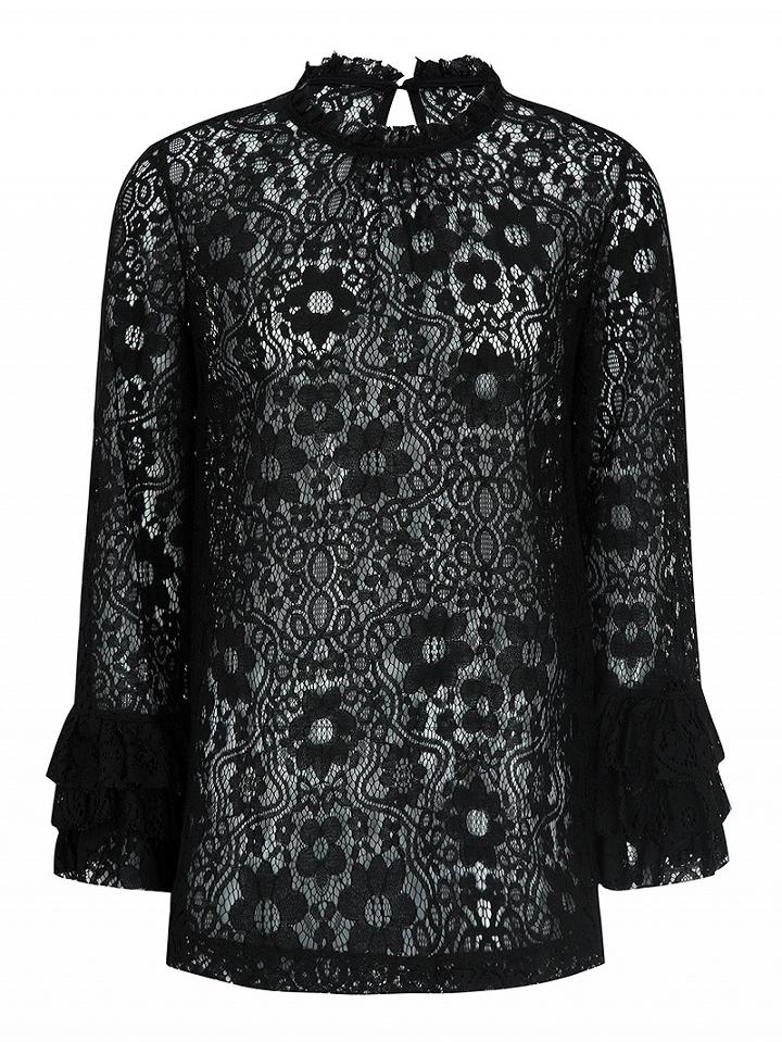 Choies Black Keyhole Back Ruffle Trim Belle Sleeve Floral Lace Blouse