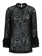 Choies Black Keyhole Back Ruffle Trim Belle Sleeve Floral Lace Blouse