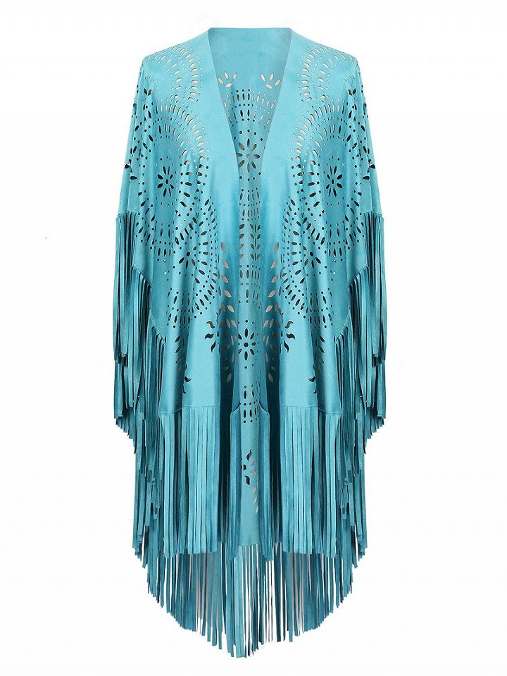 Choies Blue Suedette Laser Cut Asymmetric Fringed Cape