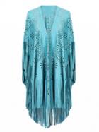 Choies Blue Suedette Laser Cut Asymmetric Fringed Cape