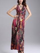 Choies Pink V-neck Halter Peacock Print Bohemian Dress