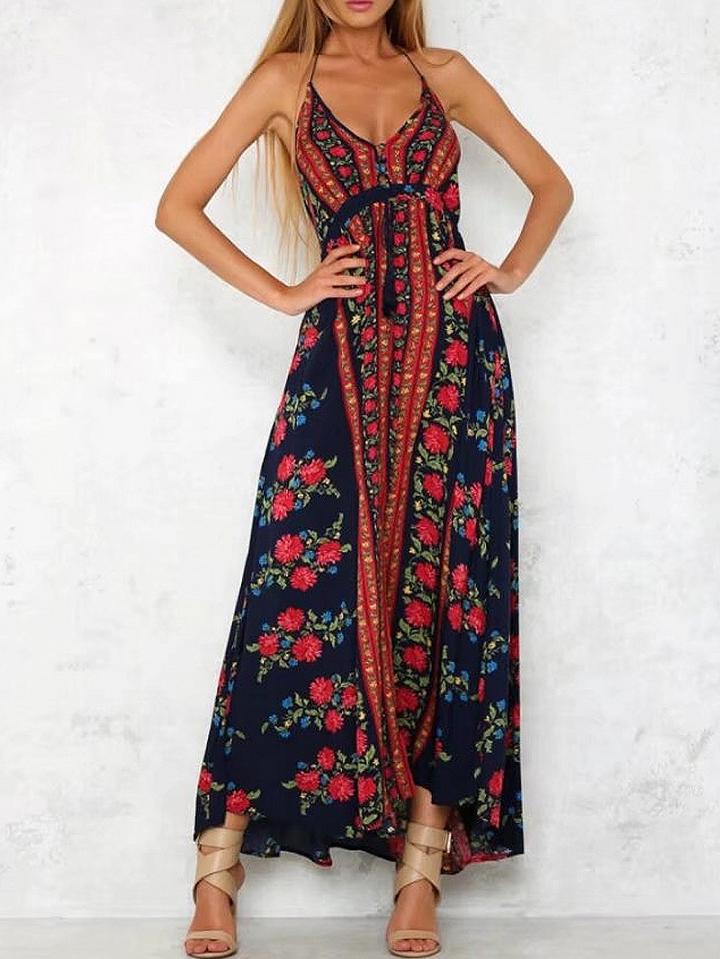 Choies Navy Blue Halter Plunge Floral Print Tassel Split Maxi Dress