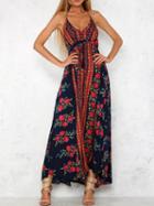 Choies Navy Blue Halter Plunge Floral Print Tassel Split Maxi Dress