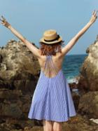 Choies Blue V-neck Stripe Strappy Back Swing Dress