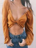 Choies Dark Orange Twist Front Tie Back Long Sleeve Crop Top