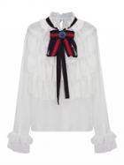 Choies White Jeweled Bow Tie Front Layered Ruffle Sheer Blouse