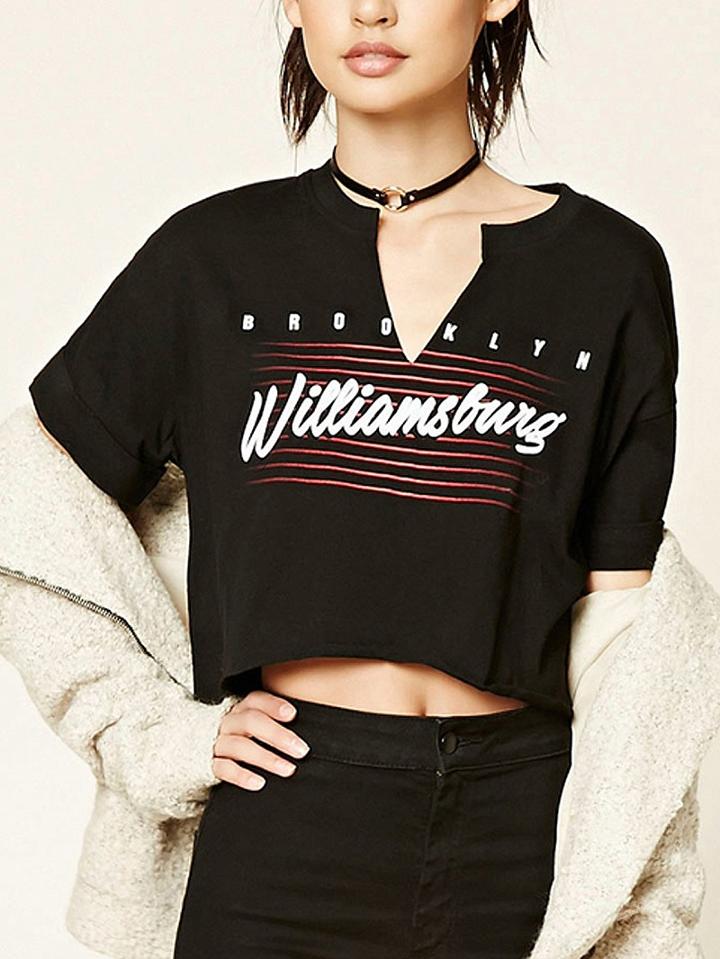 Choies Black V-neck Letter Print Short Sleeve Cropped T-shirt