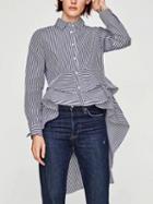 Choies Blue Stripe Ruffle  Dipped Hem Long Sleeve Shirt