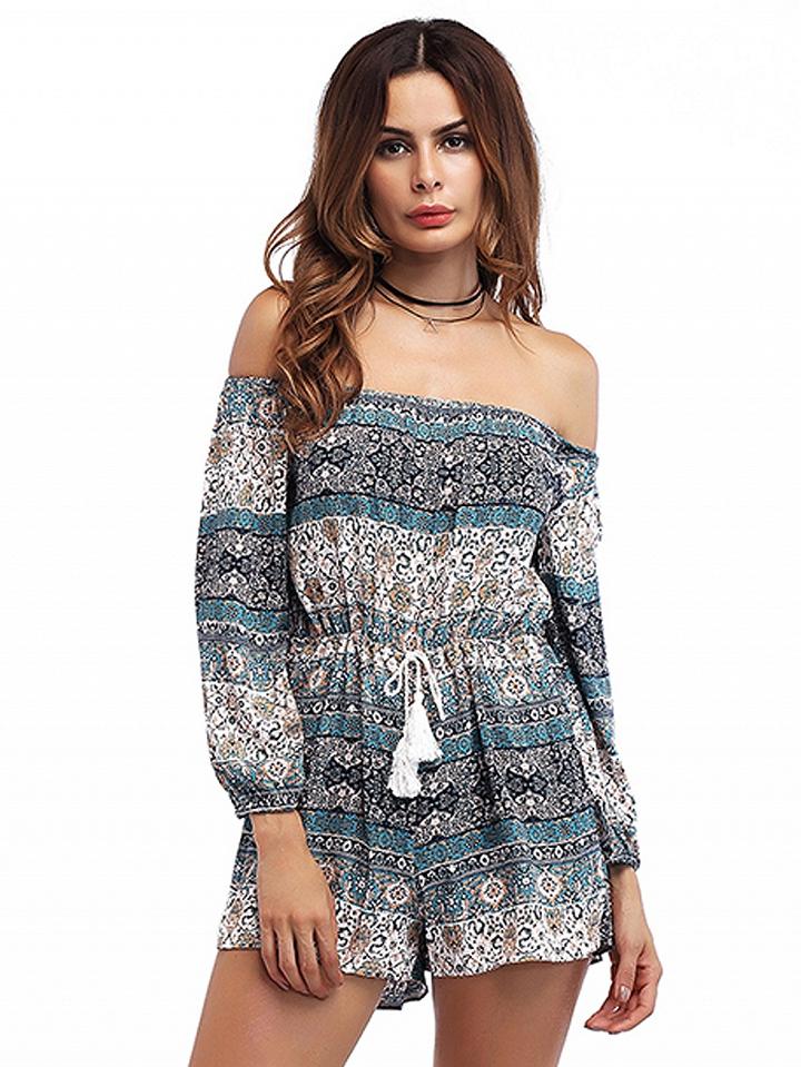 Choies Polychrome Off Shoulder Tribal Print Tie Waist Romper Playsuit