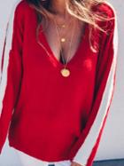 Choies Red V-neck Stripe Panel Long Sleeve Chic Women Knit Sweater