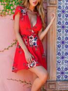 Choies Red Plunge V-neck Floral Cap Sleeve Mini Dress