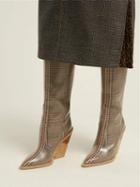 Choies Brown Plaid Microfiber Pointed Toe Chic Women Heeled Knee High Boots
