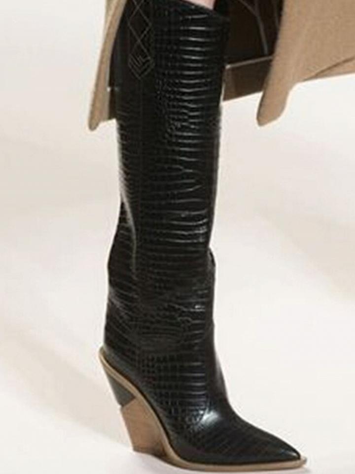 Choies Black Stripe Microfiber Pointed Toe Chic Women Heeled Knee High Boots