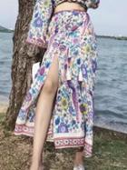 Choies Polychrome Floral Tie Waist Side Split Maxi Skirt