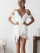 Choies White Plunge Asymmetric Hem Ruffle Trim Mini Dress