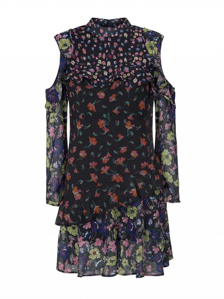 Choies Multicolor Floral Cold Shoulder Cut Out Back Ruffle Detail Dress