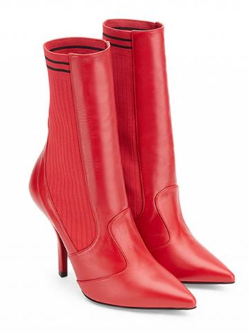 Choies Red Leather Knitted Panel Pointed Heeled Boots