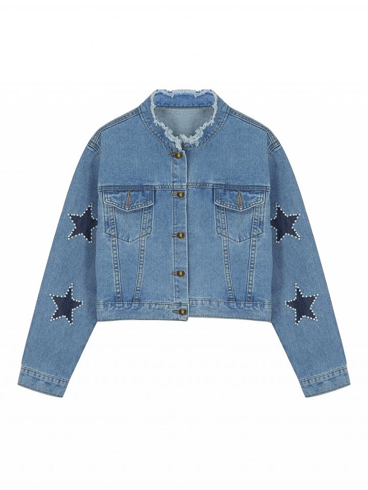 Choies Blue Light Wash Star Print Long Sleeve Denim Jacket