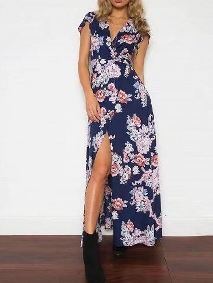 Choies Navy Blue Wrap Floral Print Tie Waist Split Maxi Dress