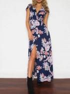 Choies Navy Blue Wrap Floral Print Tie Waist Split Maxi Dress