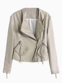 Choies Beige Pocket Asymmetric Inclined Zipper Leather Biker Jacket