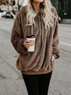 Choies Camel Brown Warp-knitted Velvet Long Sleeve Chic Women Hoodie
