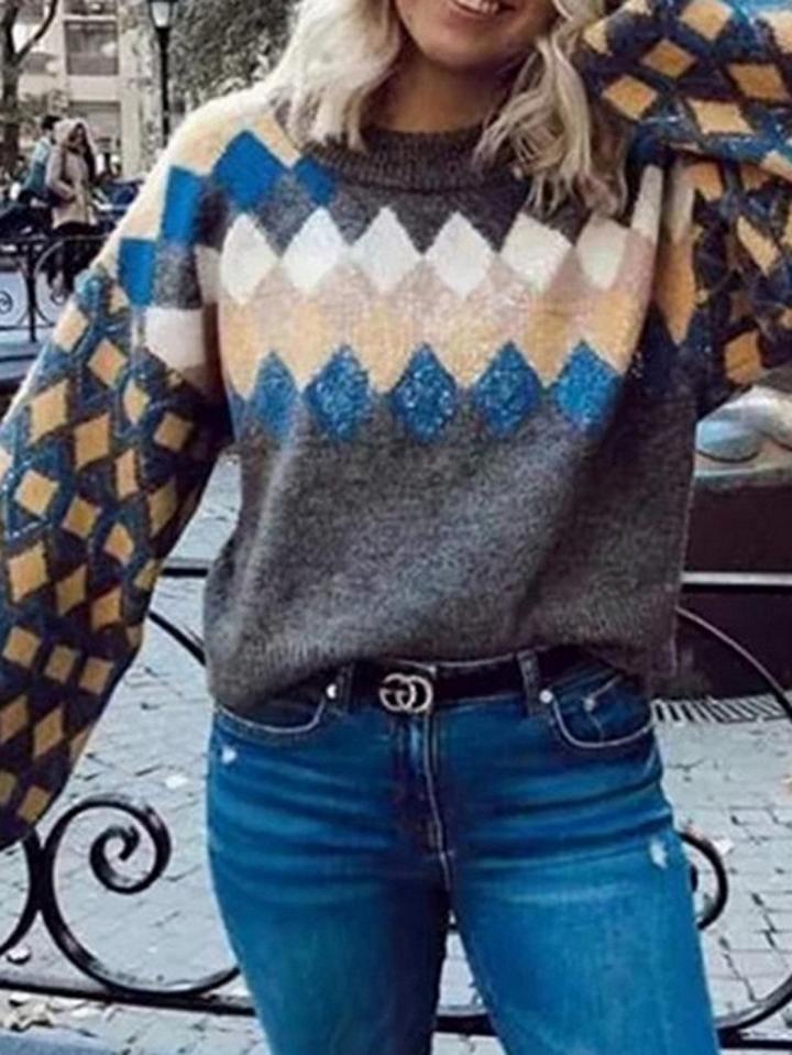 Choies Multicolor Argyle Print Puff Sleeve Women Knit Sweater