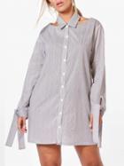 Choies Gray Stripe Halter Tie Sleeve Mini Shirt Dress