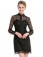 Choies Black Stand Collar Long Sleeve Sheer Lace Mini Dress