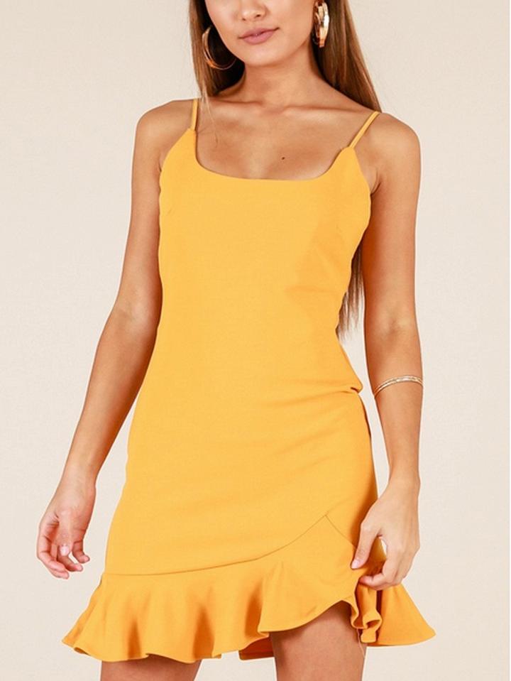 Choies Yellow Spaghetti Strap Flounce Hem Mini Dress