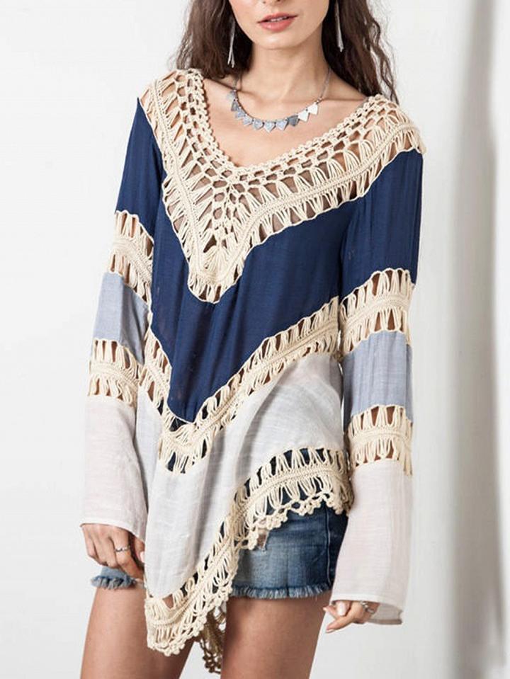 Choies Blue Contrast V-neck Cut Out Detail Long Sleeve Blouse