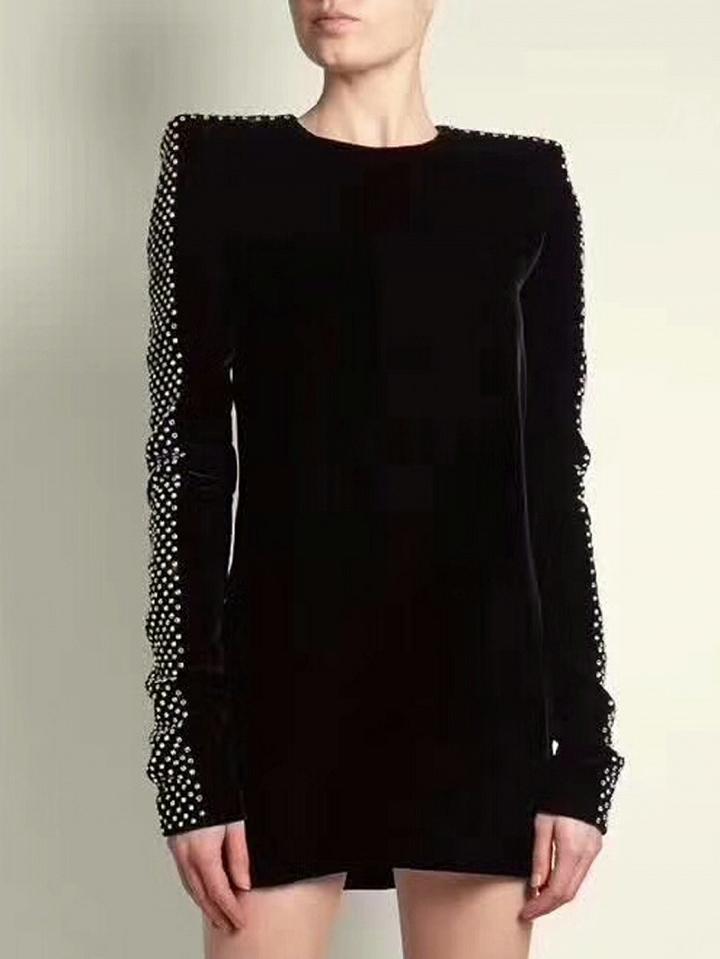 Choies Black Velvet Stud Detail Long Sleeve Mini Dress