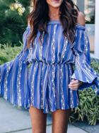 Choies Blue Off Shoulder Floral Print Ruffle Sleeve Chic Women Mini Dress
