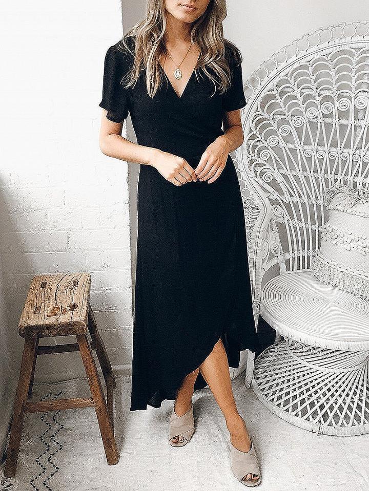 Choies Black V-neck Tie Waist Hi-lo Maxi Dress