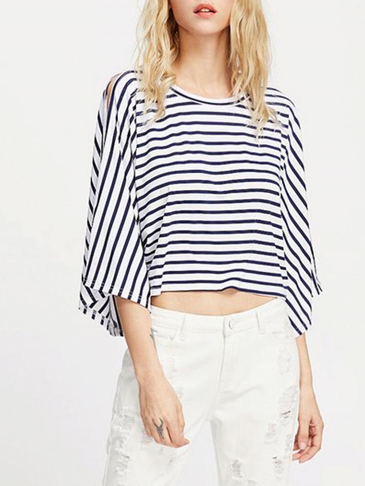 Choies Blue Stripe Crew Neck Cut Out Detail Long Sleeve Crop T-shirt