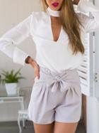 Choies White Cut Out Plunge High Neck Long Sleeve Blouse