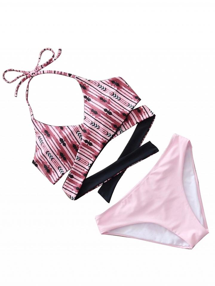 Choies Pink Halter Cross Strap Bikini Top And Bottom