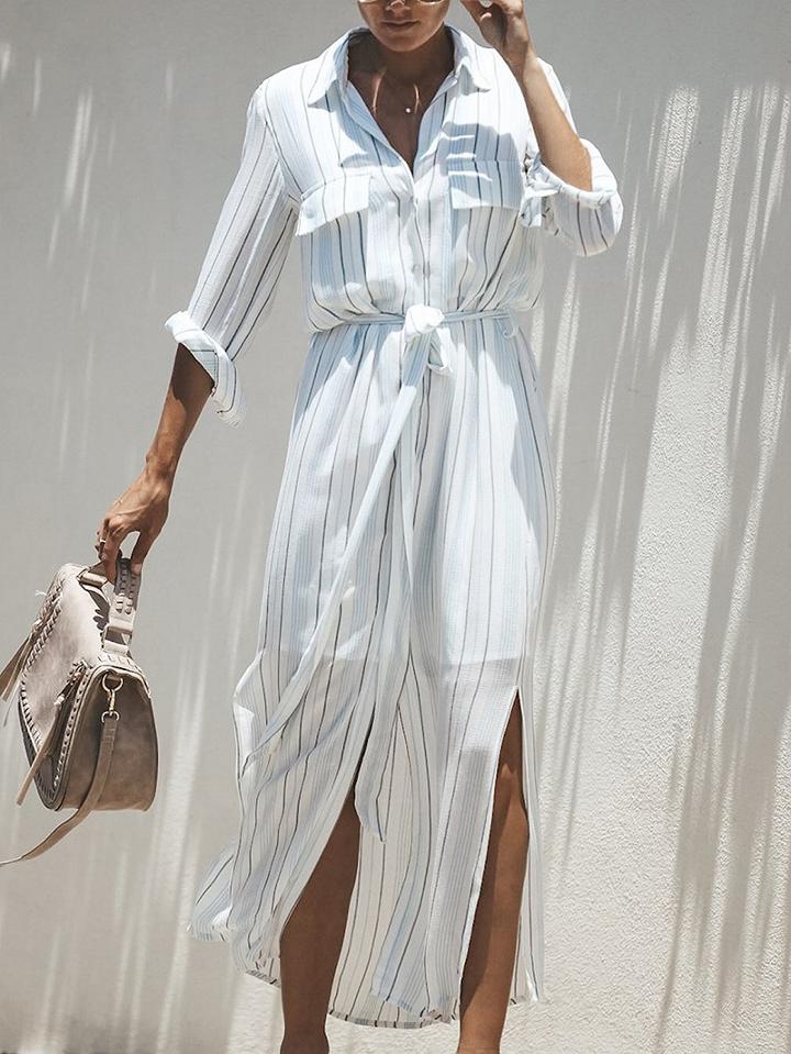 Choies White Stripe V-neck Tie Waist Long Sleeve Chic Women Maxi Dress