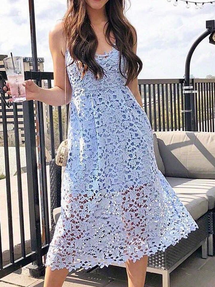 Choies Light Blue V-neck Cut Out Detail Chic Women Lace Cami Midi Dress