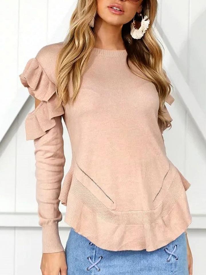 Choies Khaki Cold Shoulder Ruffle Trim Long Sleeve Knit Sweater