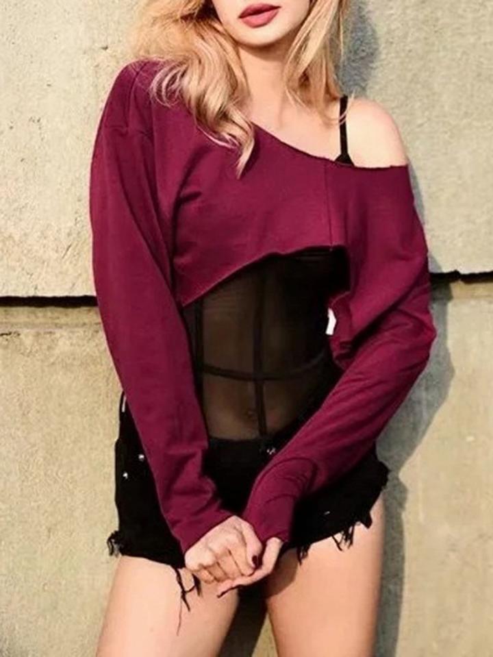 Choies Burgundy Curved Hem Long Sleeve Crop Sweatshirt