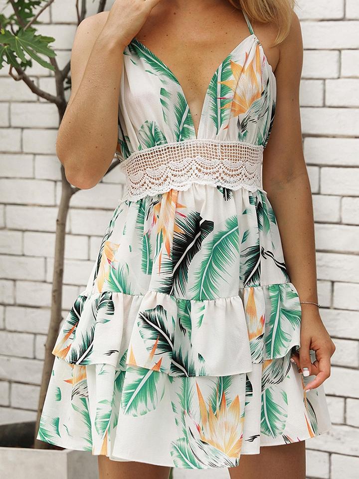 Choies White Plunge Floral Print Open Back Layered Hem Cami Mini Dress