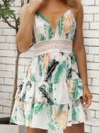 Choies White Plunge Floral Print Open Back Layered Hem Cami Mini Dress