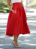 Choies Red High Waist Pocket Skater Midi Skirt