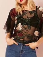 Choies Black Embroidery Floral Ruffle Sleeve Sheer Mesh Blouse