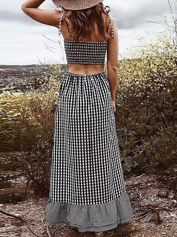 Choies Black Plaid Spaghetti Strap Cut Out Back Ruffle Hem Maxi Dress