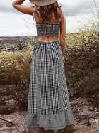 Choies Black Plaid Spaghetti Strap Cut Out Back Ruffle Hem Maxi Dress