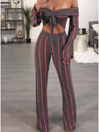 Choies Red Stripe Cotton Off Shoulder Tie Front Chic Women Crop Top And Pants