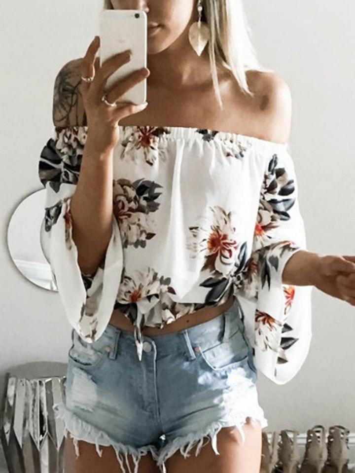 Choies White Off Shoulder Print Detail Long Sleeve Blouse