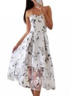 Choies White Spaghetti Strap Floral Print Sheer Mesh Midi Dress